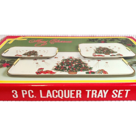 Vintage Asahi Trading Co 3 Piece Lacquerware Tray Set Merry Christmas Made Japan - Picture 2 of 13